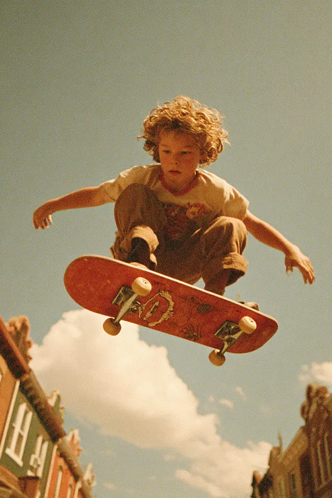 Midjourney generated image using SREF code Coppermuse: A young boy is doing a trick on a skateboard.