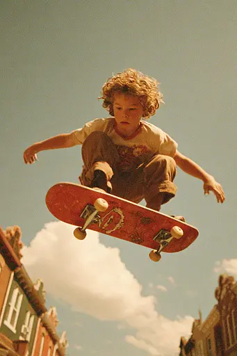 Midjourney generated image using SREF code Coppermuse: A young boy is doing a trick on a skateboard.