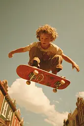 Midjourney generated image using SREF code Coppermuse: A young boy is doing a trick on a skateboard.
