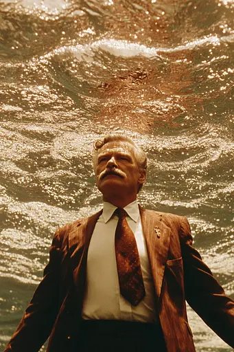 Midjourney generated image using SREF code Coppermuse: A man in a suit and tie standing in the water.