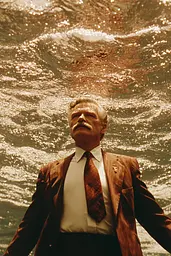 Midjourney generated image using SREF code Coppermuse: A man in a suit and tie standing in the water.