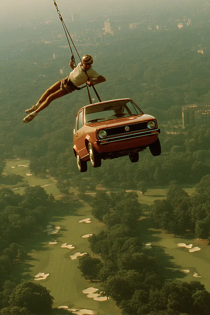 Midjourney generated image using SREF code Coppermuse: A man flying through the air over a red car.