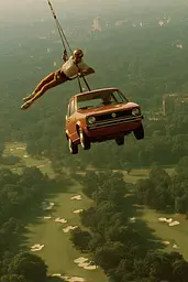Midjourney generated image using SREF code Coppermuse: A man flying through the air over a red car.