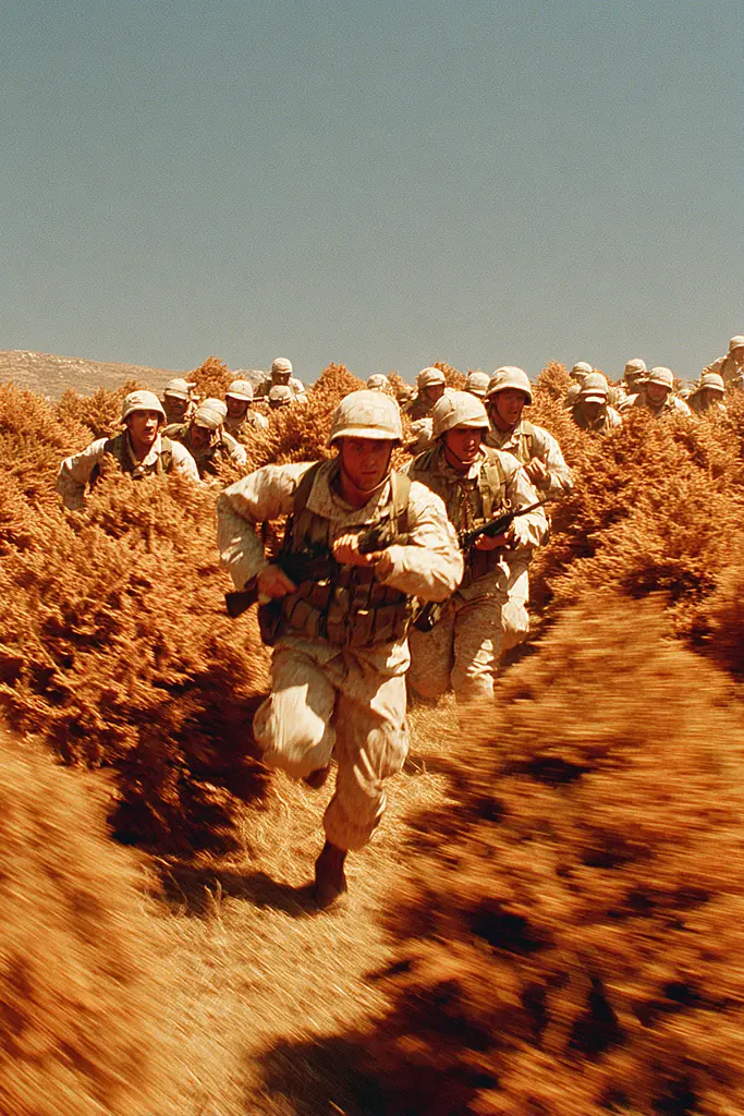 Midjourney generated image using SREF code Coppermuse: A group of soldiers running through a field.