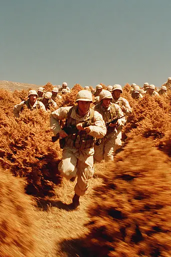 Midjourney generated image using SREF code Coppermuse: A group of soldiers running through a field.