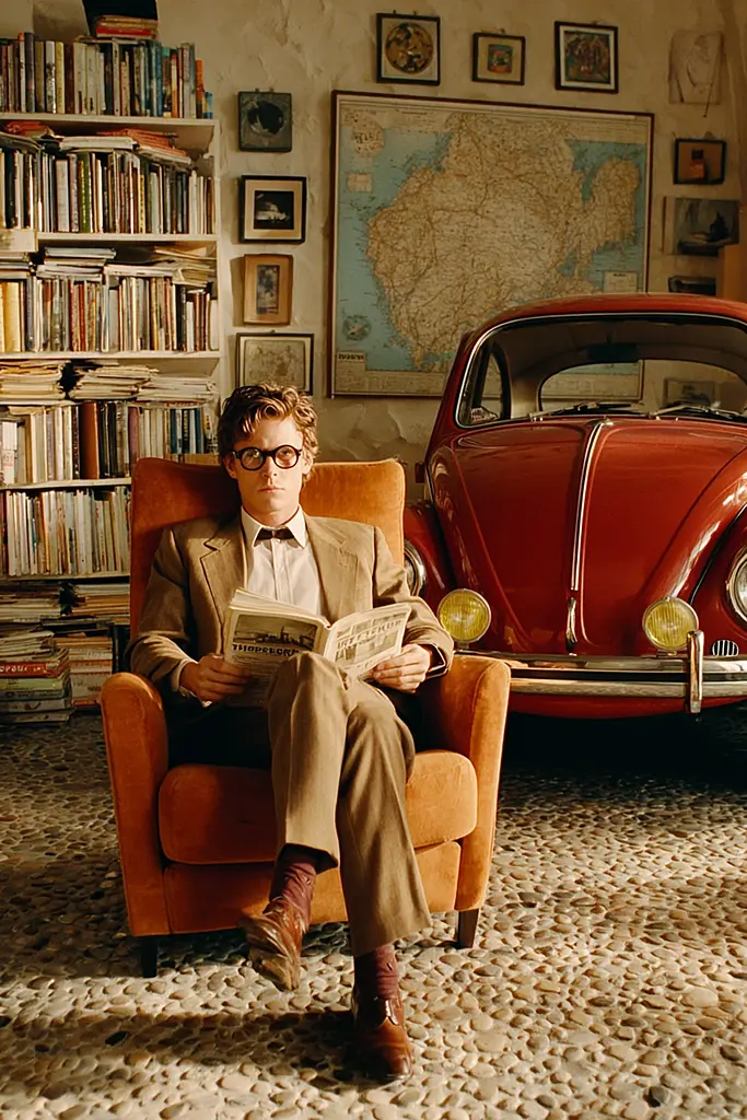 Midjourney generated image using SREF code Coppermuse: A man sitting in a chair reading a book in front of a red car.