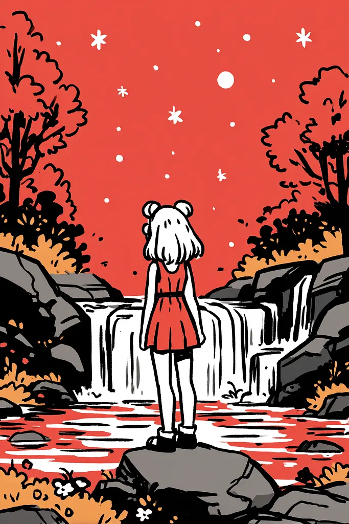 Midjourney generated image using SREF code Zesty Scribblepop: A girl standing on a rock in front of a waterfall.