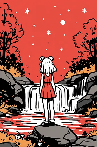 Midjourney generated image using SREF code Zesty Scribblepop: A girl standing on a rock in front of a waterfall.