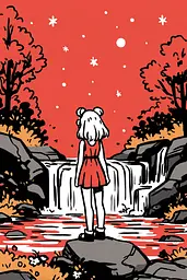 Midjourney generated image using SREF code Zesty Scribblepop: A girl standing on a rock in front of a waterfall.
