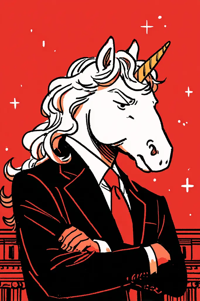 Midjourney generated image using SREF code Zesty Scribblepop: A man in a suit with a unicorn head on his head.