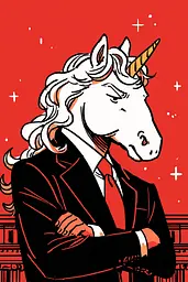 Midjourney generated image using SREF code Zesty Scribblepop: A man in a suit with a unicorn head on his head.