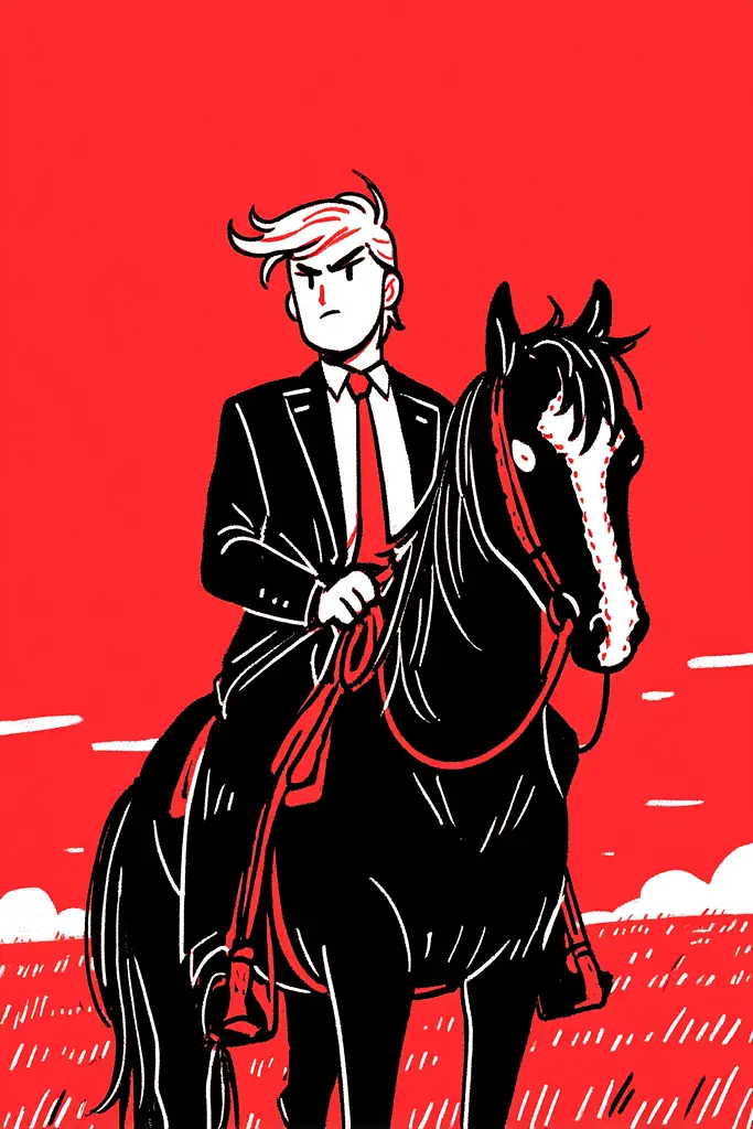 Midjourney generated image using SREF code Zesty Scribblepop: A man in a suit riding on the back of a black horse.