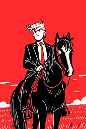 Midjourney generated image using SREF code Zesty Scribblepop: A man in a suit riding on the back of a black horse.