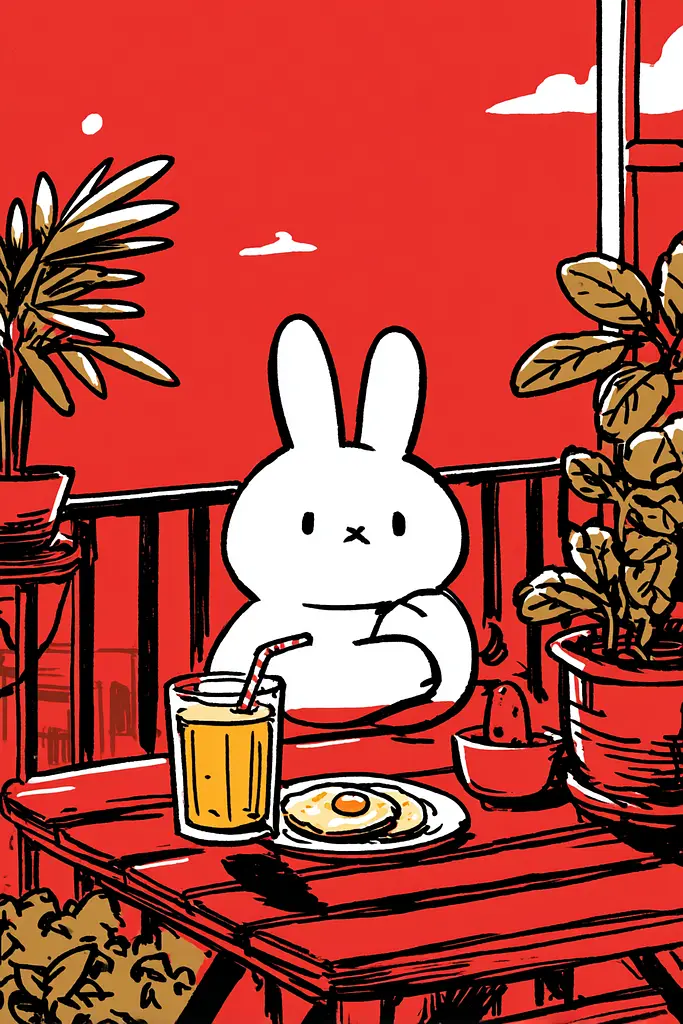 Midjourney generated image using SREF code Zesty Scribblepop: A white rabbit sitting at a table with a plate of food and a drink.