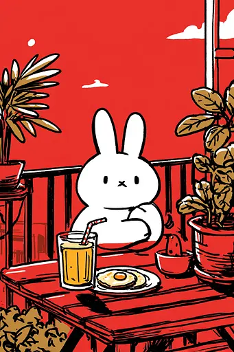 Midjourney generated image using SREF code Zesty Scribblepop: A white rabbit sitting at a table with a plate of food and a drink.