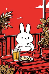 Midjourney generated image using SREF code Zesty Scribblepop: A white rabbit sitting at a table with a plate of food and a drink.