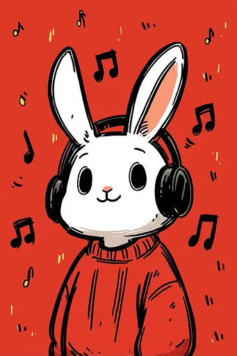 Midjourney generated image using SREF code Zesty Scribblepop: A white rabbit wearing headphones and a red sweater.