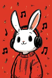 Midjourney generated image using SREF code Zesty Scribblepop: A white rabbit wearing headphones and a red sweater.