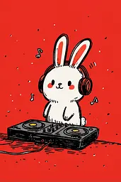 Midjourney generated image using SREF code Zesty Scribblepop: A white rabbit with headphones sitting on top of a turntable.