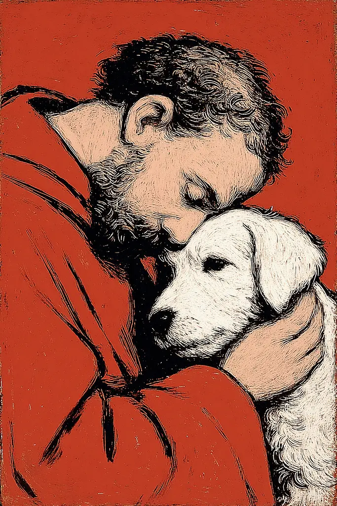 Midjourney generated image using SREF code Zesty Scribblepop: A man is hugging a white dog on a red background.