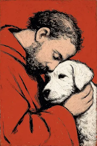 Midjourney generated image using SREF code Zesty Scribblepop: A man is hugging a white dog on a red background.