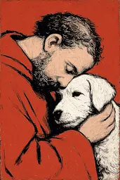 Midjourney generated image using SREF code Zesty Scribblepop: A man is hugging a white dog on a red background.