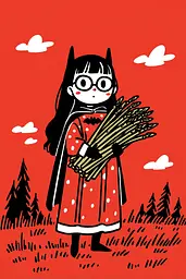 Midjourney generated image using SREF code Zesty Scribblepop: A girl in a red dress holding a bunch of wheat.