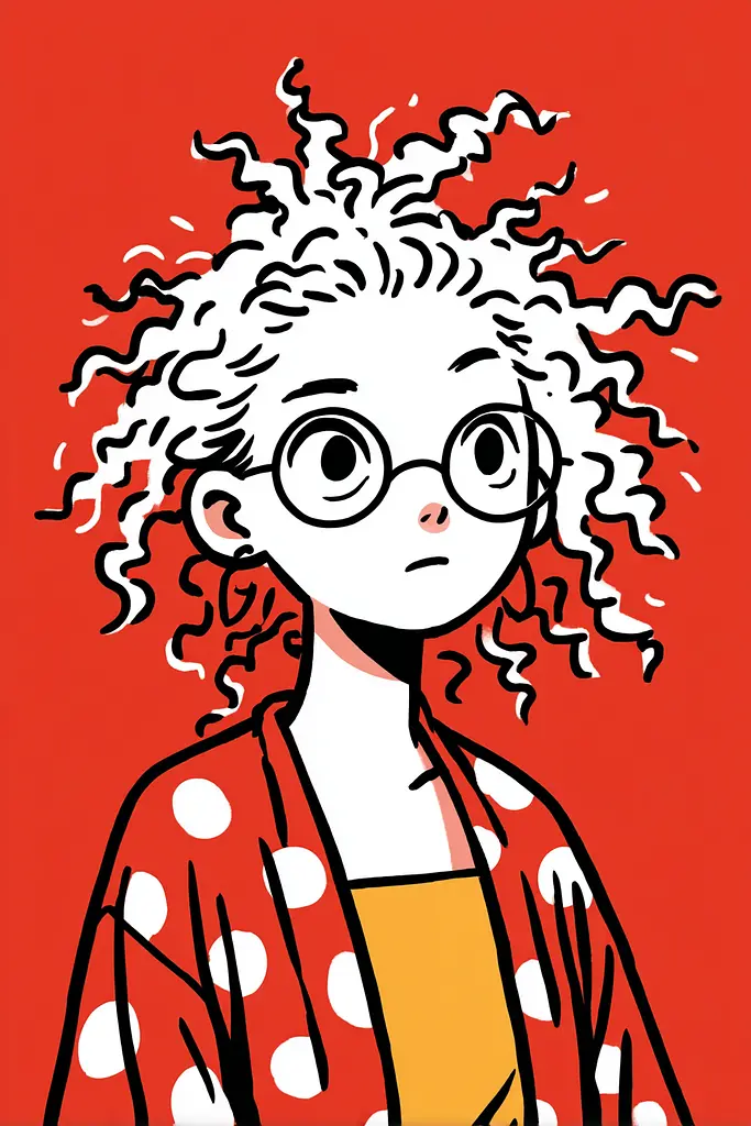 Midjourney generated image using SREF code Zesty Scribblepop: A drawing of a girl with curly hair and glasses.
