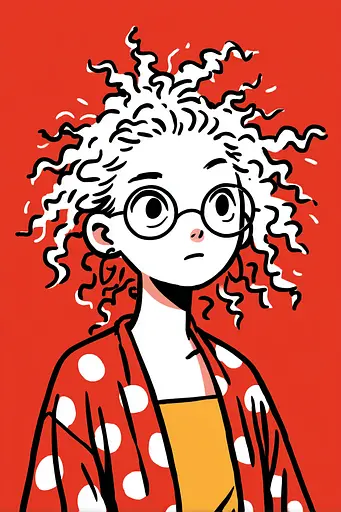 Midjourney generated image using SREF code Zesty Scribblepop: A drawing of a girl with curly hair and glasses.