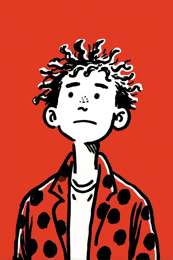 Midjourney generated image using SREF code Zesty Scribblepop: A drawing of a boy with curly hair wearing a polka dot jacket.