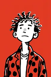 Midjourney generated image using SREF code Zesty Scribblepop: A drawing of a boy with curly hair wearing a polka dot jacket.