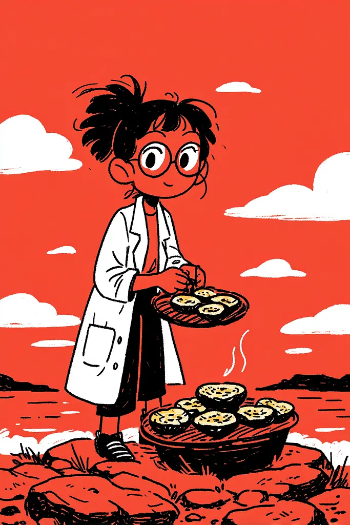 Midjourney generated image using SREF code Zesty Scribblepop: A girl in a lab coat holding a tray of food.