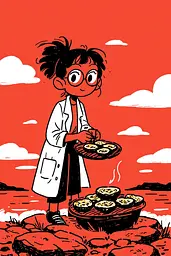 Midjourney generated image using SREF code Zesty Scribblepop: A girl in a lab coat holding a tray of food.