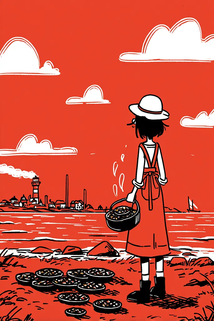 Midjourney generated image using SREF code Zesty Scribblepop: A woman in a red dress and hat holding a basket of food.