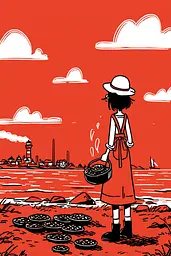 Midjourney generated image using SREF code Zesty Scribblepop: A woman in a red dress and hat holding a basket of food.