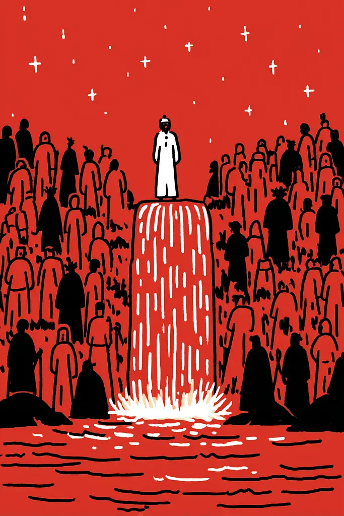 Midjourney generated image using SREF code Zesty Scribblepop: A man standing on top of a waterfall surrounded by people.