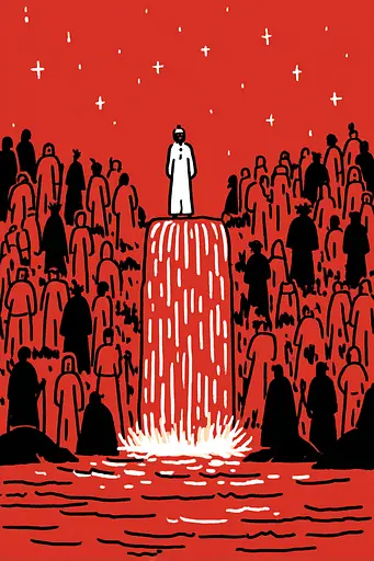 Midjourney generated image using SREF code Zesty Scribblepop: A man standing on top of a waterfall surrounded by people.