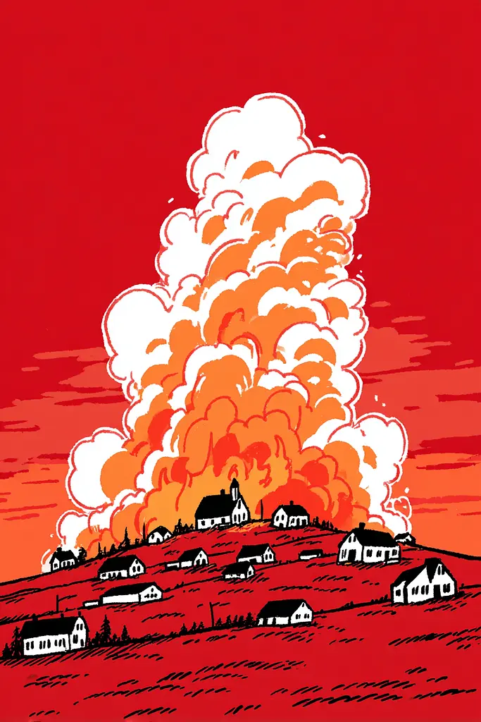 Midjourney generated image using SREF code Zesty Scribblepop: A large plume of smoke rises over a small town.