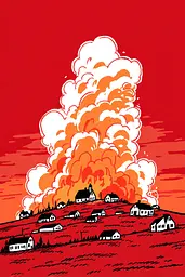 Midjourney generated image using SREF code Zesty Scribblepop: A large plume of smoke rises over a small town.