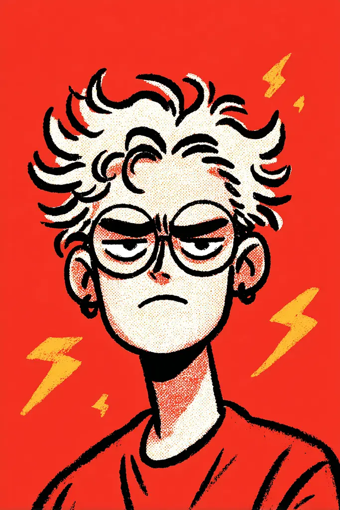Midjourney generated image using SREF code Zesty Scribblepop: A drawing of a young man with glasses and a red shirt.