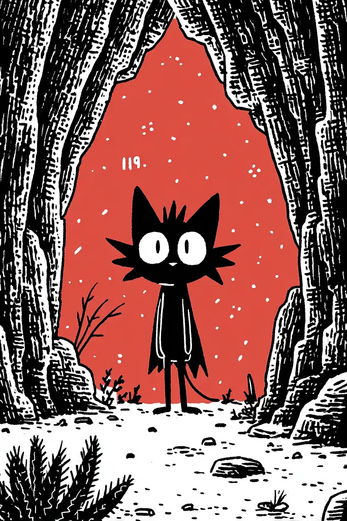Midjourney generated image using SREF code Zesty Scribblepop: A black cat standing in the middle of a forest.