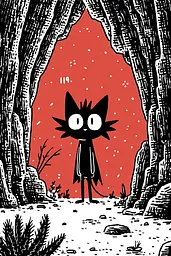 Midjourney generated image using SREF code Zesty Scribblepop: A black cat standing in the middle of a forest.