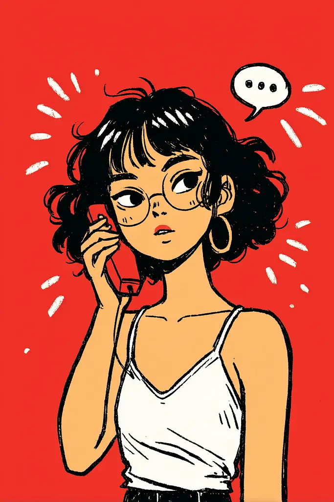 Midjourney generated image using SREF code Zesty Scribblepop: A woman talking on a cell phone with a speech bubble above her head.