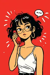 Midjourney generated image using SREF code Zesty Scribblepop: A woman talking on a cell phone with a speech bubble above her head.