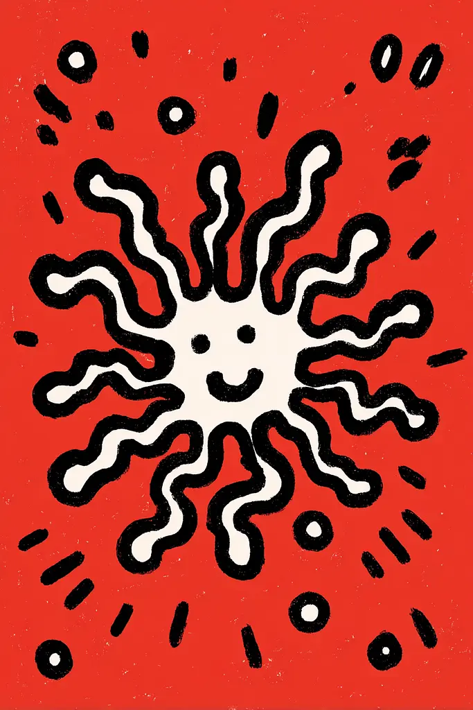 Midjourney generated image using SREF code Zesty Scribblepop: A black and white drawing of a smiling sun on a red background.