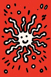 Midjourney generated image using SREF code Zesty Scribblepop: A black and white drawing of a smiling sun on a red background.