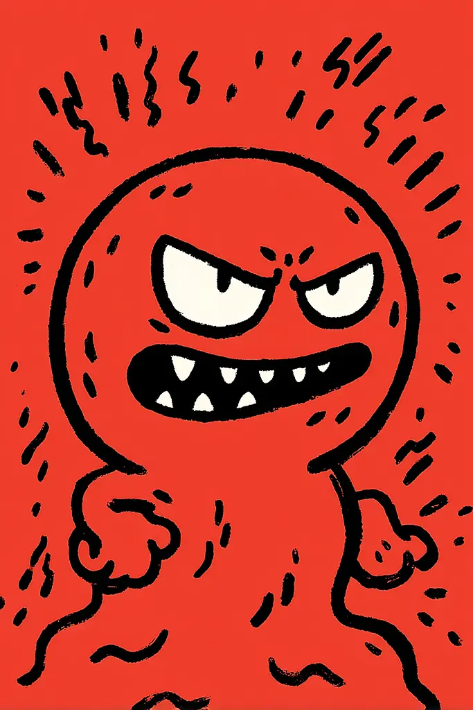 Midjourney generated image using SREF code Zesty Scribblepop: A drawing of a red monster with an angry expression.