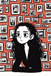 Midjourney generated image using SREF code Zesty Scribblepop: A woman sitting in front of a wall of pictures.