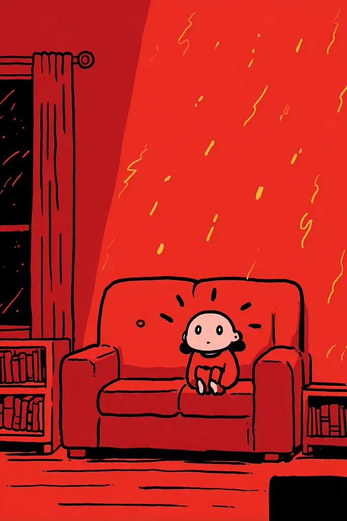 Midjourney generated image using SREF code Zesty Scribblepop: A person sitting on a red couch in a living room.
