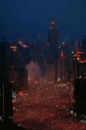 Midjourney generated image using SREF code Plushgrim: A large crowd of people in the middle of a city at night.